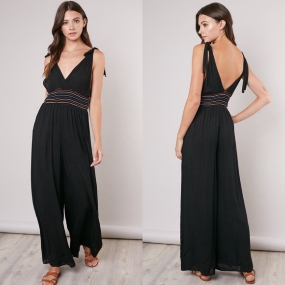 Black Tie Strap Smocked Jumpsuit - Picture 1 of 5
